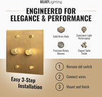 2-Gang Satin Solid Brass Rotary Dimmer Switch, 15A 120V AC Wall Mount, TRIAC/Leading Edge 1-Way Compatible, Dimmable LED Light Control with Knob, Faceplate & Dimming Module