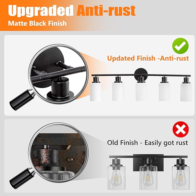 DLLT 5-Light Bathroom Light Fixtures: Black Modern Vanity Lights with E26 Bulbs - Milky White Glass Shade Bathroom Wall Lamp for Mirror Kitchen Living Room Hallway Cabinet Porch