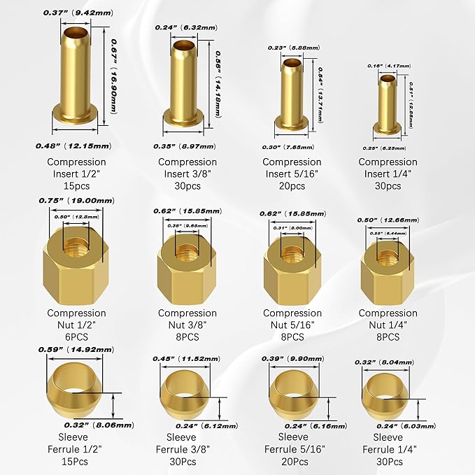 220PCS Compression Fittings Assortment kit - 4 sizes (1/4", 3/8", 5/16", 1/2") of Brass Compression Sleeve Ferrule, Insert and Nuts,Connect Lines for Air,Water,Fuel,Oil and Inert Gases