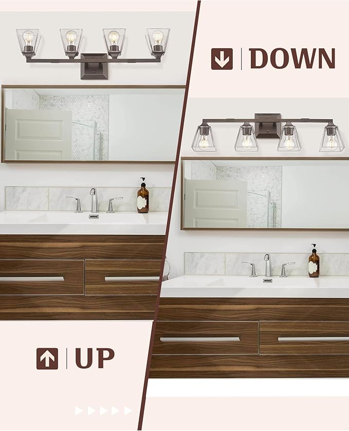 Bronze Bathroom Light Fixtures, HWH 4-Light Farmhouse Vanity Wall Sconce Bathroom Sconce Over Mirror, Oil-Rubbed Bronze Finish with Square Glass Shade, 5HY68B-4W ORB