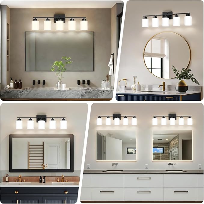 Black Bathroom Light Fixtures, 5-Light Modern Vanity Light Over Mirror, Wall Sconces with Milky White Frosted Glass Shades, E26 Socket (Bulbs Not Included)