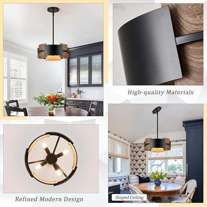Industrial Drum Chandeliers, Modern Black Metal Pendant Lighting Walnut Wood Grain 4-Ligth Semi Flush Mount Chandelier 12" for Foyer Entryway Kitchen Hallway Dining Room