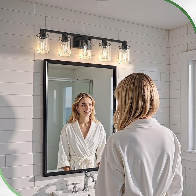 DORESshop Bathroom Light Fixtures, 5-Light Matte Black Bathroom Lighting Fixtures Over Mirror with Clear Glass Shade, Vanity Lights for Hallway Living Room Bedroom