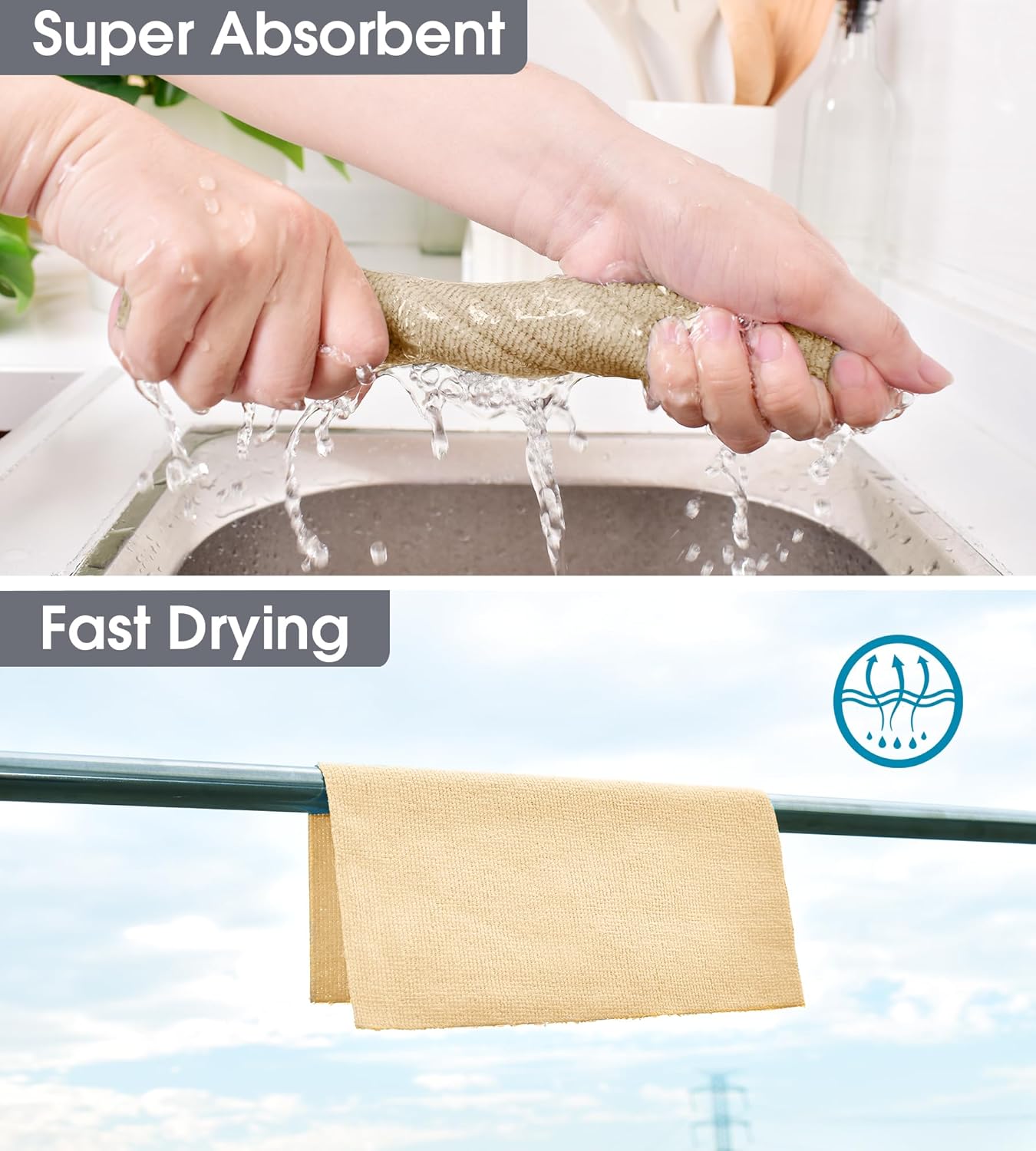 KitchLife Microfiber Cleaning Cloth Roll, 100 Pack - Tear-Away Microfiber Paper Towels, Lint-Free, Reusable, Washable for Kitchen, Car, Dishes, and Sensitive Surfaces (Wheat)