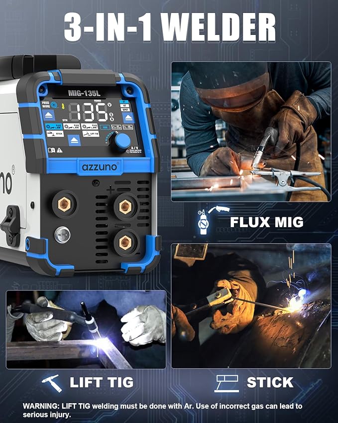 AZZUNO MIG Welder 135Amp 110V, 3 in 1 Gasless Flux Core MIG Welder/Lift TIG/Stick Welding Machine, Wire Feed Welder with Synergic Control