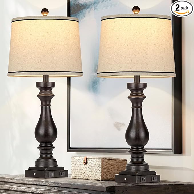 29" Tall Table Lamp for Living Room Set of 2,Farmhouse Vintage Bedside Nightstand Lamps with USB C+A Ports & AC Outlet,3-Way Dimmable Touch Control Retro Black Lamp for Bedroom,Color 5