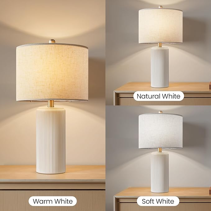 23" Ceramic Table Lamp Set of 2, Modern Farmhouse Bedside Lamps for Bedroom, White Nightstand Lamps for Living Room, Rustic End Table Desk Lamps with Rocker Switch, Home Office Décor