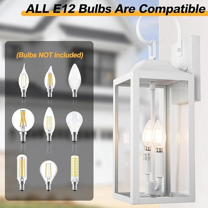 19" White Outdoor Wall Lantern 2-Light, Large Modern Wall Sconce Light Fixture, Industrial Porch Light with Glass, Waterproof Farmhouse Exterior Lamp