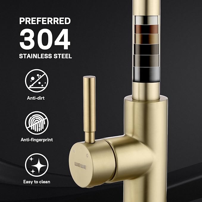WEWE Brushed Gold Kitchen Faucet with Pull Down Sprayer, Single Handle Gold Kitchen Sink Faucet Stainless Steel Brass Copper Commercial RV 1 or 3 Hole, Champagne Bronze