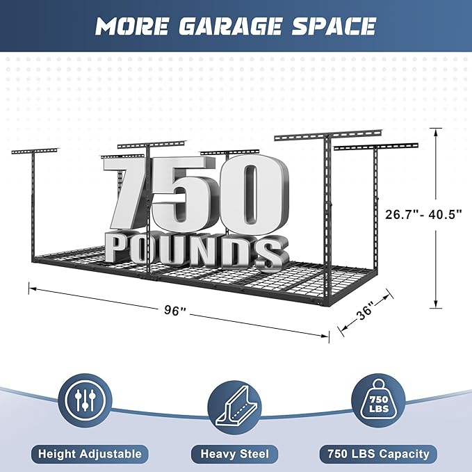 3X8FT Overhead Garage Storage Rack, 22"-48" Height Adjustable Garage Ceiling Storage Racks, Heavy Duty Metal Garage Storage Organizer System, 750LBS Weight Capacity