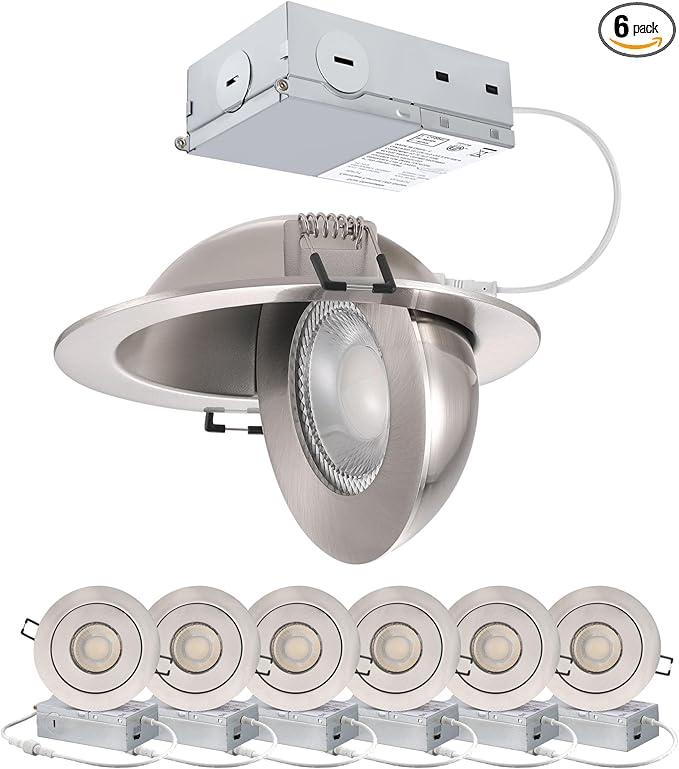 4-inch Gimbal LED Recessed - 4 in Lighting 6Pack Canless Brushed Nickel Trim 90° Tilt Swivel LED Eyeball Wafer Slope Ceiling Adjustable Spotlight Dimmable Brushed Nickel 4 inch 6 Pack