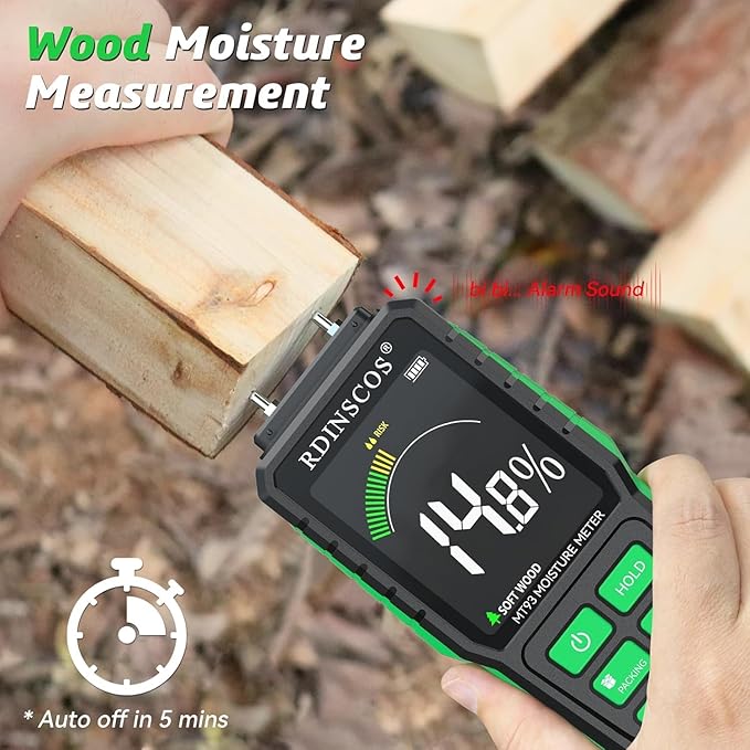 Rechargeable Moisture Meter for Wood, Walls & Hardwood – Accurate Pin-Type Digital Tester with Large Color Display, Automatic Alarm, Calibration & HOLD Function for DIY & Construction Projects