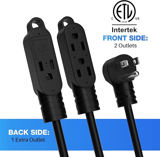 3 Prong Power Extension Cord with Multiple Outlets 25 FT, 16/3 Gauge Multi 3 Outlet Wire, 90 Degree Angled Male Plug, 16 AWG Grounded Wire (13A 125V 1625W), ETL Listed, Black Cable with 25 Cable Ties