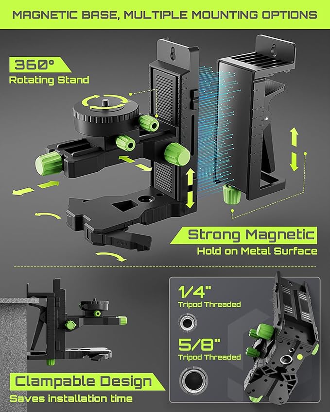 LasGoo LG-3DMAX 3x360° Green Laser Level, 3D Self-Leveling Cross Line Laser with 2 Rechargeable Lithium Batteries, Fine-Tuning Bracket Adapter, Green Laser Enhancement Glasses, and Hard Carrying Case