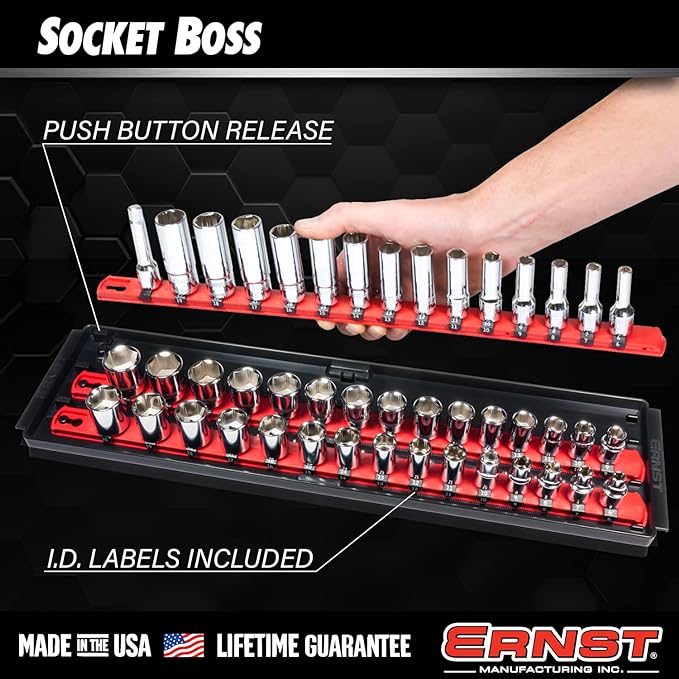 Ernst Mfg. 8493 RD Socket BOSS Tray High-Density System with (2) Red 13" Socket Rail + (28) Twist Lock Clips, 3/8" Drive - Made in USA