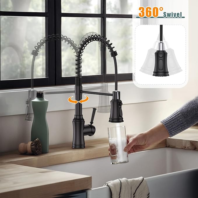 Kitchen Faucet with Pull Down Sprayer, Hurran Commercial Stainless Steel Kithcen Faucets, Single Handle Spring Faucets for Kitchen Sink, Sink Faucet for Farmhouse Wet Bar or RV, Matte Black