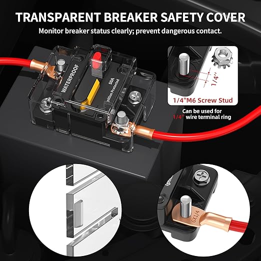 DaierTek 50 Amp Circuit Breaker 2-Pack with Transparent Cover Waterproof Marine Circuit Breaker 12V - 48V Resettable Inline Fuse Switch, 12 Volt 50A Breaker for Boat Trolling Motor Car Automotive