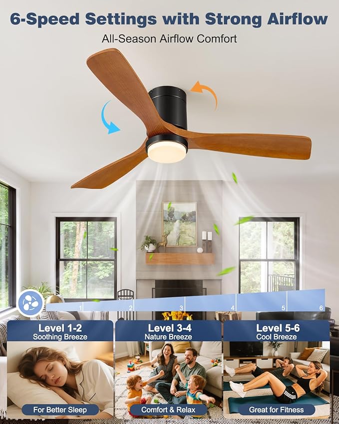 60 Inch Ceiling Fans with Lights Remote, 60" Flush Mount Outdoor Ceiling Fan Exterior Ceiling Fan, 3 Wood Blades, 6 Speeds, Timer, Quiet DC Motor Modern Low Profile Fans for Patio Porch