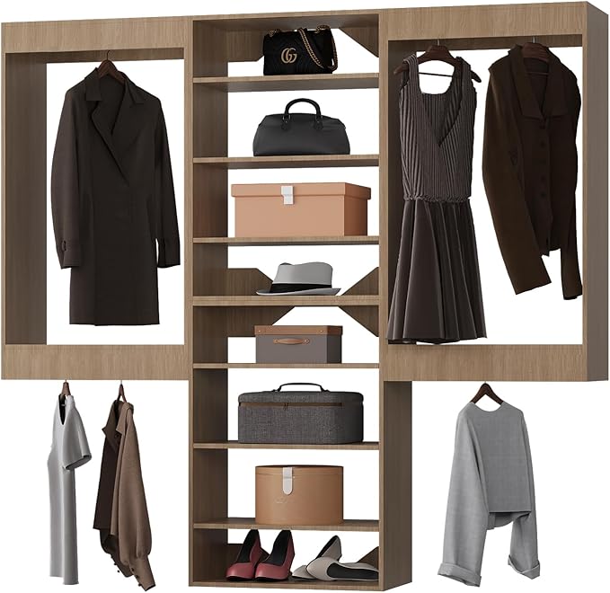 Modular Closet with 66" Width, Wooden Towers and Wall Mounted Hanging System for Bedroom Walk-in Closets