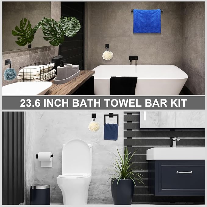Gisafai 10 Pcs Bathroom Hardware Accessories Set 23.6 Inch Bath Towel Bar Kit Stainless Steel Bathroom Hardware Set Towel Racks Ring Hooks Paper Holder for Wall Mounted (Black)