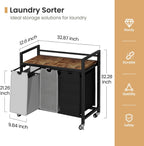 Laundry Hamper, Laundry Basket, Laundry Sorter with 3 Removable Bags, Clothes Basket with 3 Compartments, Wheels, Shelf for Laundry Room Bathroom Bedroom (3 Bags-Black Grey White)