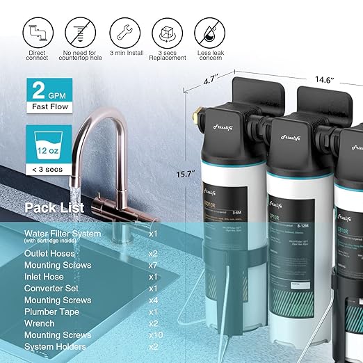 Frizzlife TW10 Under Sink Water Filter System, NSF/ANSI 53&42 Certified Elements, Reduce 99.99% Lead, Chlorine, Chloramine, Fluoride, Bad Taste & Odor, Direct Connect, 0.5 Micron, USA Tech Support