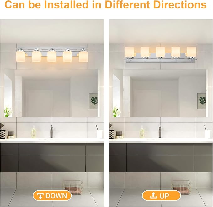 5 Light Modern Bathroom Light Fixtures Over Mirror, Chrome Vanity Lights for Bathroom Wall Sconces with Milky White Glass Shades, E26 Socket (Bulbs Not Included)