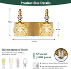 Modern Glass Crystal Vanity Light - Vintage Bathroom Lighting Fixtures Over Mirror, 2 Light Vanity Lights G9 Bulb (11.81 Inch, Gold)