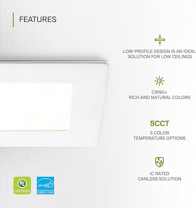 ASD 6 Pack LED Square Recessed Lighting 3 Inch, 5 CCT 2700K-5000K CRI90+, 6W 30W Eqv, Ultra Thin Dimmable Ceiling Lights with J Box, Canless Wafer Downlight, Slim Panel Light, UL Energy Star, White