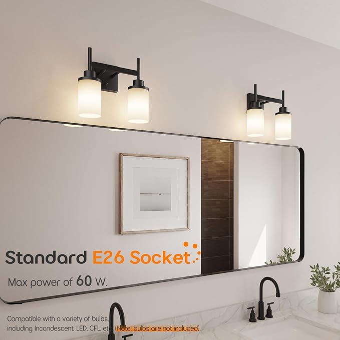 Wall Light Fixtures Matte Black Bathroom Vanity Lights Over Mirror with White Frosted Glass, Double Wall Lamps for Hallway Washroom Porch T001MB-L2