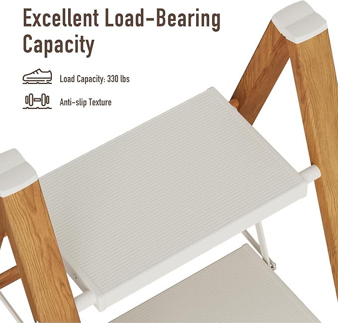 3 Step Lightweight Aluminum Folding Ladder, Portable Step Stool with Wide Anti-Slip Pedals, 330 lbs Capacity for Home,Cleaning Tasks（White&Woodgrain）