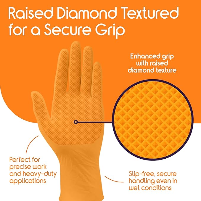 Inspire Heavy Duty Orange Nitrile Disposable Gloves | ULTRA 8 Mil Diamond Textured Grip | Industrial Mechanic Food