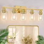 5-Light Bathroom Vanity Light with Clear Glass Shades, Brushed Gold Bathroom Light Fixtures Over Mirror, Modern Vanity Light for Mirror Living Room Cabinet Bedroom Porch