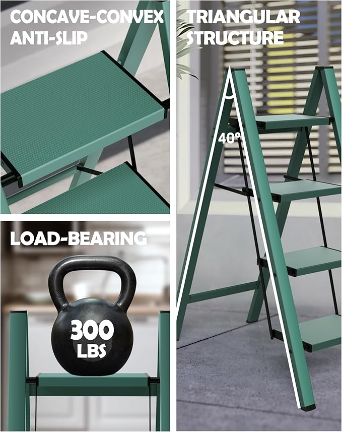 Taranta 4 Step Ladder,Aluminum Lightweight Folding 4 Step Stool with Anti-Slip Wide Pedal,330lbs Capacity Step Ladder for Household,Kitchen,Office - Green