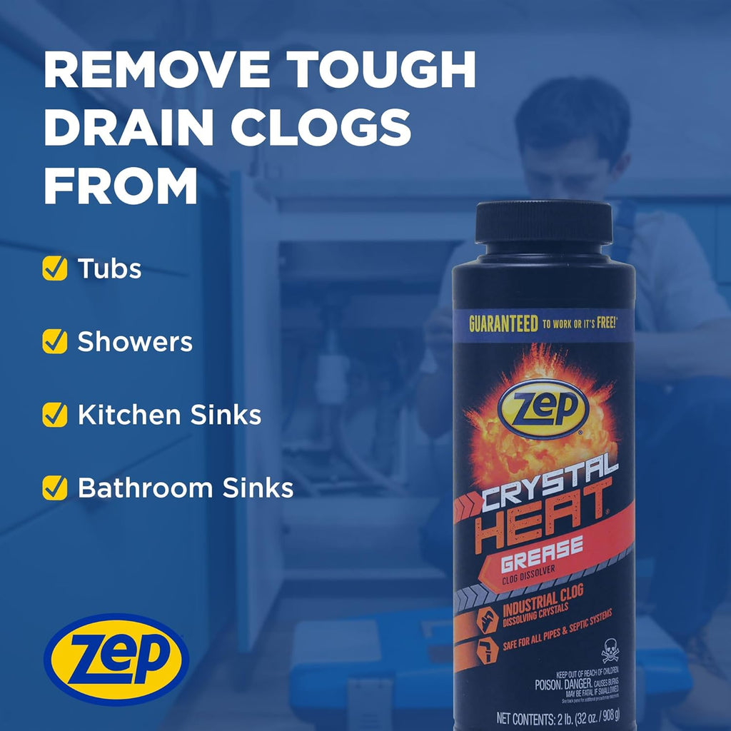 Zep Crystal Heat Drain Opener 32 Ounce - ZUCRY2 - Dissolves Drain Clogs Fast (32 Fl Oz, 12)