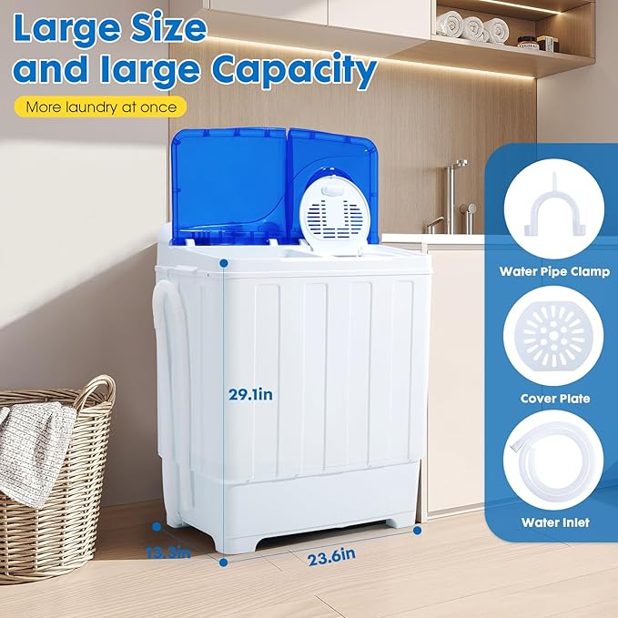 28lbs Portable Washing Machine with 18lbs Wash and 10lbs Spin, Twin Tub Washer Compact Machine with Drain Pump, Mini Portable Washer for Home, Camping, RVs, and Small Spaces, Blue