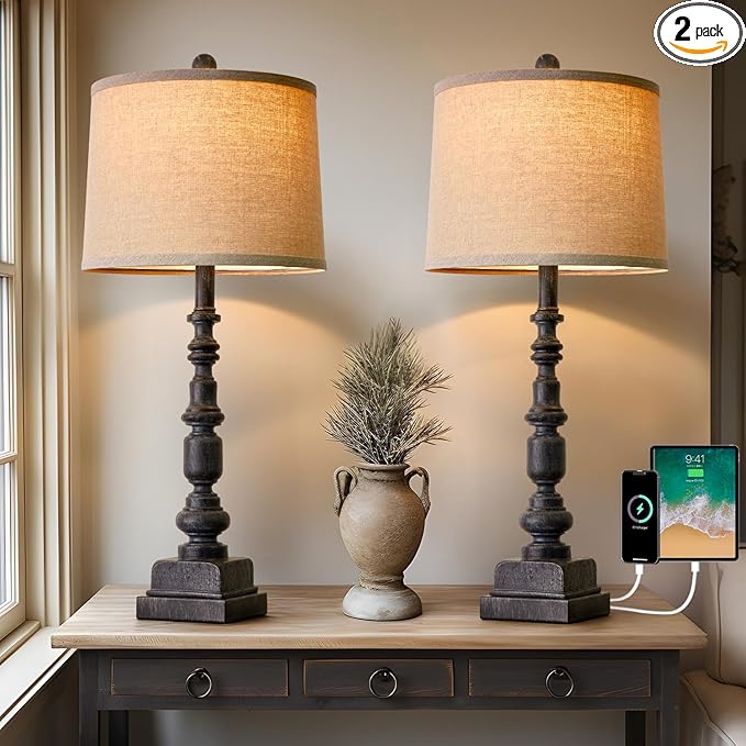 Oneach 27.75” Vintage Farmhouse USB A+C Table Lamps Set of 2 for Living Room Bedroom Traditional Bedside Nightstand Lamp Retro Resin Lamps Linen Shade Nightstand Home Office Antique Black Accent