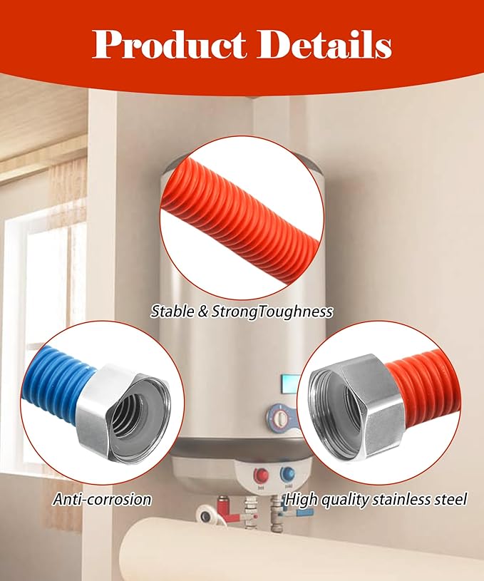 36 inch Flexible Stainless Steel Corrugated Water Heater Connector,3/4" FIP x 3/4" FIP Water Heater Supply Lines Fit For Water Softener Hot &Cold Water Hose