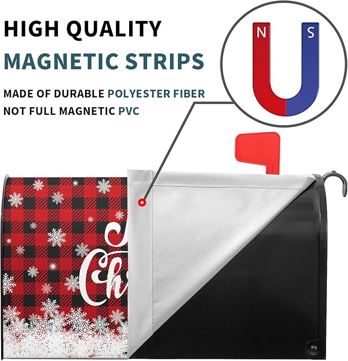 Kawani Merry Christmas Mailbox Cover Winter Snowflake Red Black Buffalo Plaid Christmas Decorative Mailbox Cover Magnetic Standard Size 25.5x21 Inch Xmas Post Box Cover Wraps for Garden Yard Decor