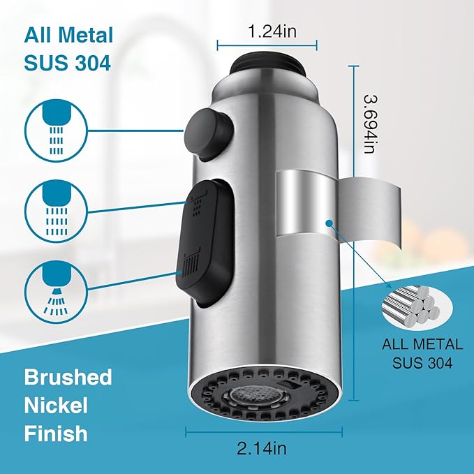 Metal Kitchen Faucet Head Replacement, 3-Function Pull Down Spray Head for Kitchen Faucet, High Pressure Sink Spray Nozzle with 9 Adapters Compatible with Most Faucets, Brushed Nickel