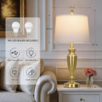 27'' Gold Table Lamps for Living Room with White Lampshade, 3 Way Touch Control Bedside Lamps Set of 2 with USB A+C Ports, Modern Metal Nightstand Lamp for Bedroom Office End Table