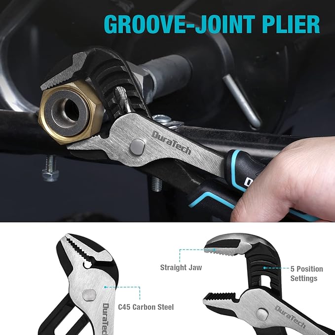 DURATECH 4-Piece Pliers Set - 8" Long Nose, Slip Joint, Groove Joint Pliers & Adjustable Wrench for Home Use