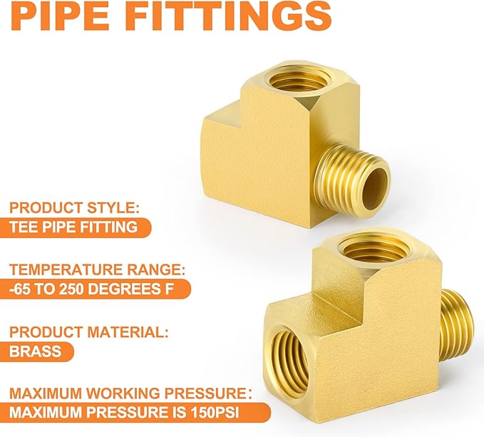 GASHER 3 Pcs Brass Tee Fitting, 1/4" FNPT x 1/4" FNPTx 1/4" MNPT Pipe Fittings