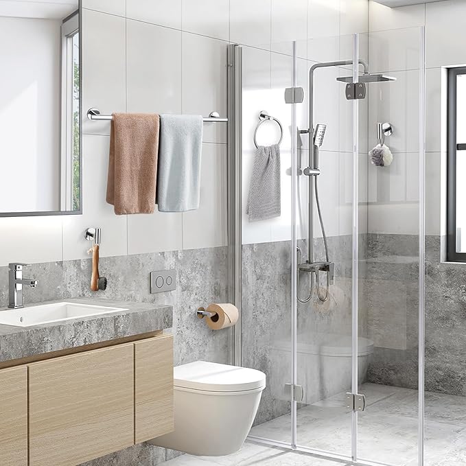 TURS Chrome 5 Piece Bathroom Hardware Set, SUS304 Stainless Steel 24 Inch Bath Towel Bar Set, Round Bathroom Accessories Kit Wall Mounted