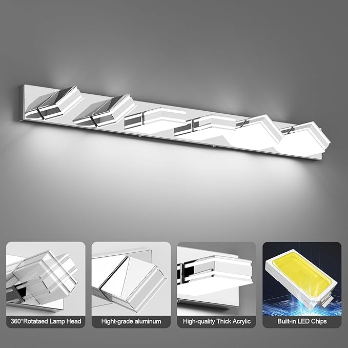 Ralbay Chrome Bathroom Vanity Light Fixtures 48inch 6-Light Acrylic Chrome Modern LED Bathroom Wall Vanity Lighting Fixtures Over Mirror