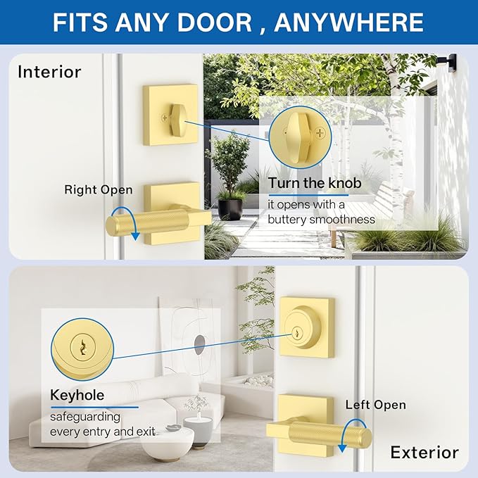 Amerdeco Front Door Lock Set with Double Cylinder Deadbolt, Exterior Entry Door Lever, Heavy Duty Entry Door Locksets for Left or Right Hand Exterior Door（Brushed Gold 2 Pack）
