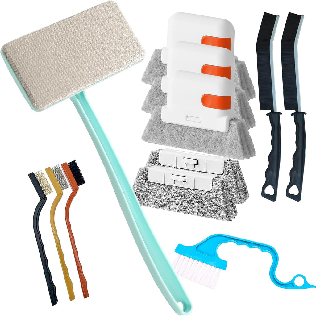 12PCS Window Screen Cleaner - Large Brush Face Mesh Screen Cleaning Brush, Detachable Window Cleaner Tool with Wet and Dry Dual Use + 9 Groove Brushes with 2 Replacement Sponges