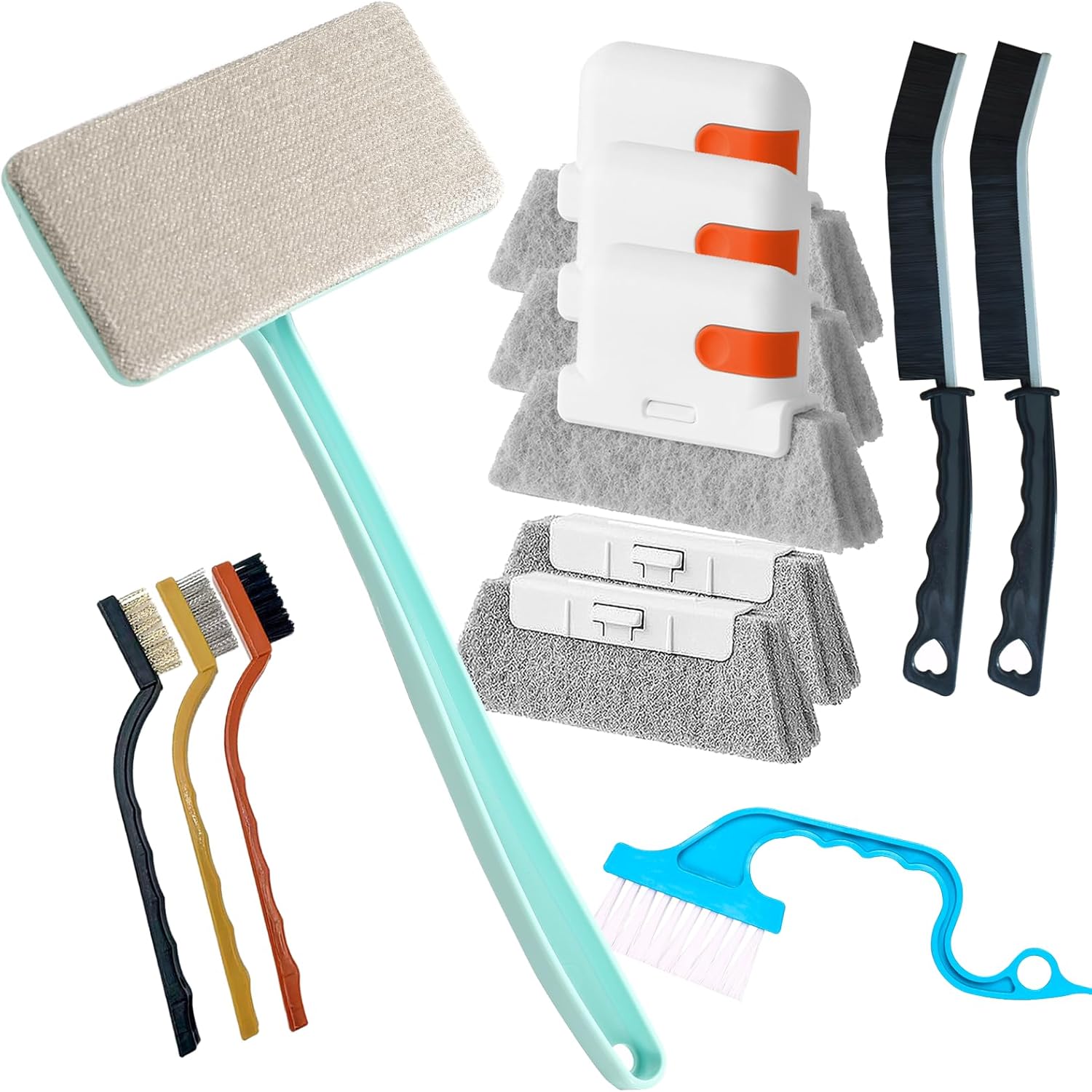 12PCS Window Screen Cleaner - Large Brush Face Mesh Screen Cleaning Brush, Detachable Window Cleaner Tool with Wet and Dry Dual Use + 9 Groove Brushes with 2 Replacement Sponges