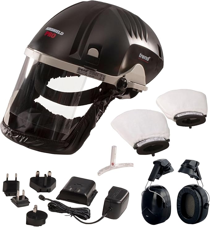 Trend Airshield Pro Full Air Circulating Face Shield w/ Ear Defenders - Complete Face and Hearing Protection Pack, AIR/PRO/D2