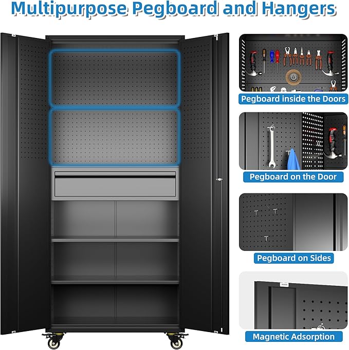 71"H Garage Storage Cabinet with Wheels, Drawer, Pegboard and 16 Hooks, Metal Storage Cabinet with Locking Doors and 2 Adjustable Shelves for Garage, Warehouse, Home, Black, Assembly Required